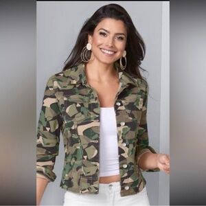 VENUS Camo Print Jean Jacket in Green and Tan